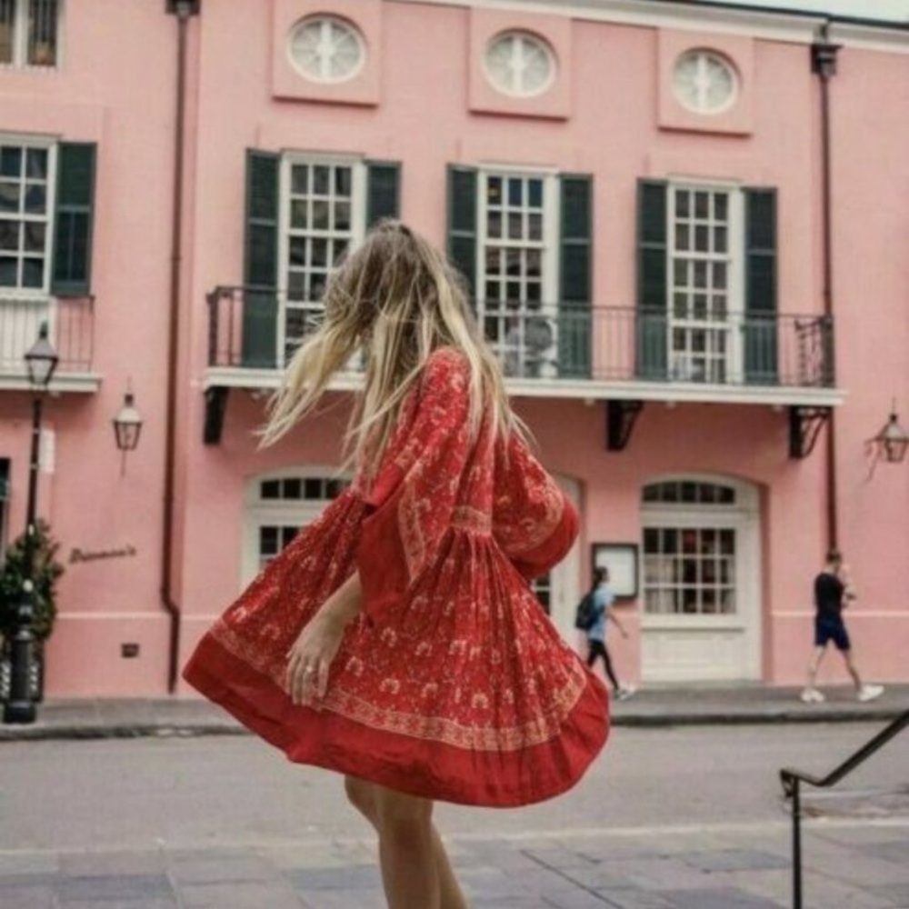 Red Floral Bohemian Gypsy Boho Dress - Picture 2 of 7